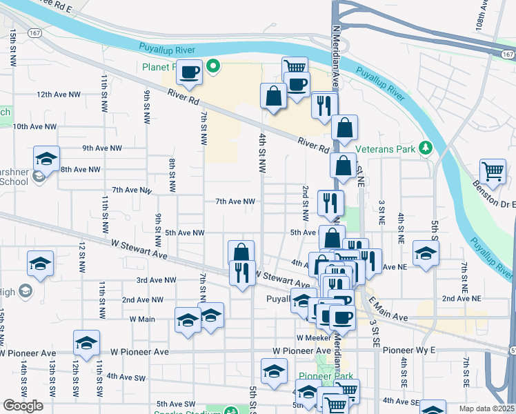 map of restaurants, bars, coffee shops, grocery stores, and more near 517 4th Street Northwest in Puyallup