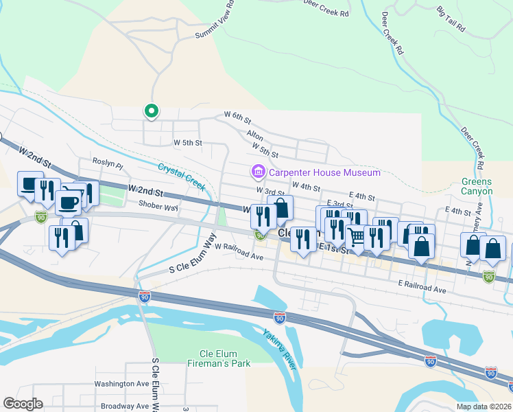 map of restaurants, bars, coffee shops, grocery stores, and more near 302 West 2nd Street in Cle Elum