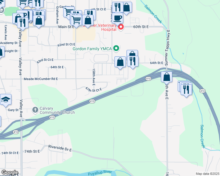 map of restaurants, bars, coffee shops, grocery stores, and more near 15900 67th Street Court East in Sumner