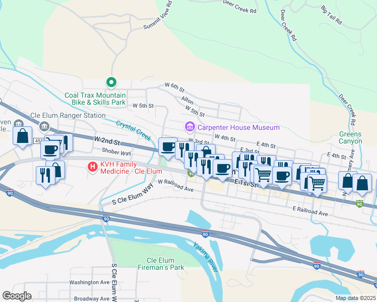 map of restaurants, bars, coffee shops, grocery stores, and more near 301 West 2nd Street in Cle Elum