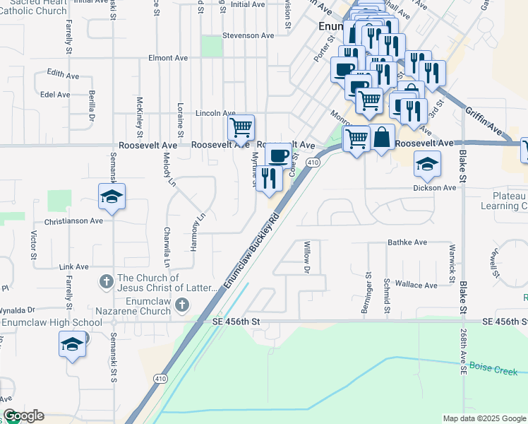 map of restaurants, bars, coffee shops, grocery stores, and more near 653 Myrtine Street in Enumclaw
