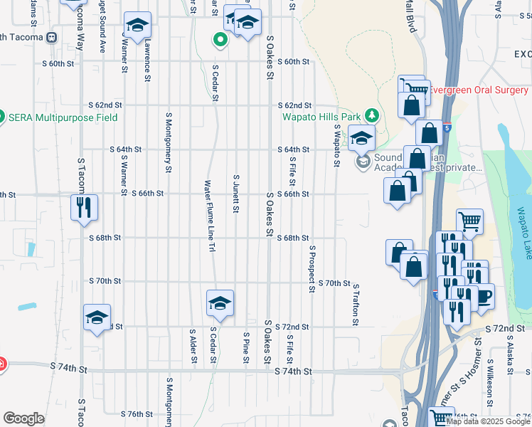 map of restaurants, bars, coffee shops, grocery stores, and more near 6620 South Oakes Street in Tacoma