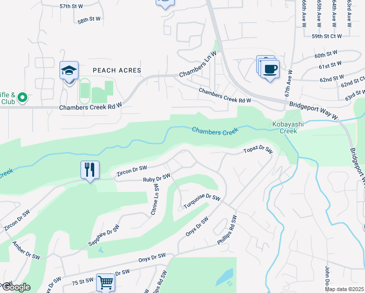 map of restaurants, bars, coffee shops, grocery stores, and more near 7423 Zircon Drive Southwest in Tacoma