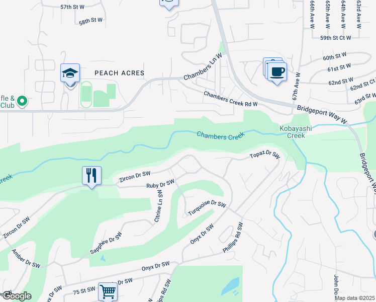 map of restaurants, bars, coffee shops, grocery stores, and more near 7423 Zircon Drive Southwest in Tacoma