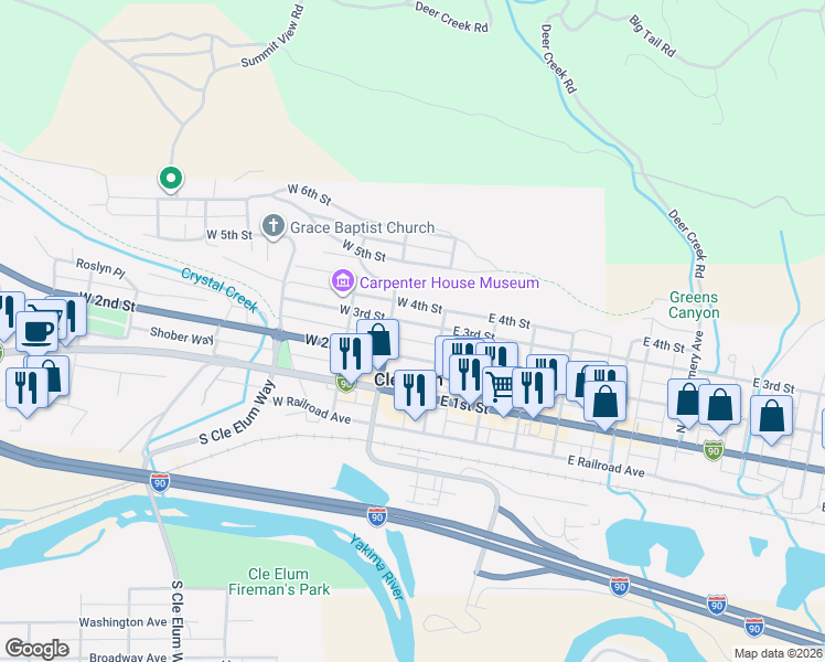 map of restaurants, bars, coffee shops, grocery stores, and more near 109 West 3rd Street in Cle Elum