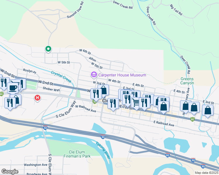 map of restaurants, bars, coffee shops, grocery stores, and more near in Cle Elum