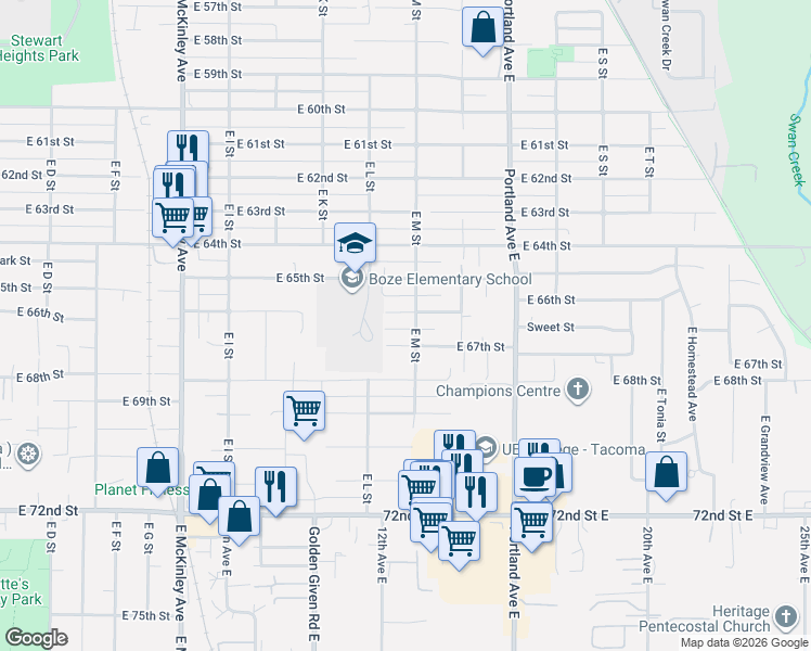 map of restaurants, bars, coffee shops, grocery stores, and more near 1225 East 66th Street in Tacoma