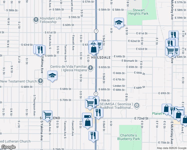 map of restaurants, bars, coffee shops, grocery stores, and more near 202 South 65th Street in Tacoma
