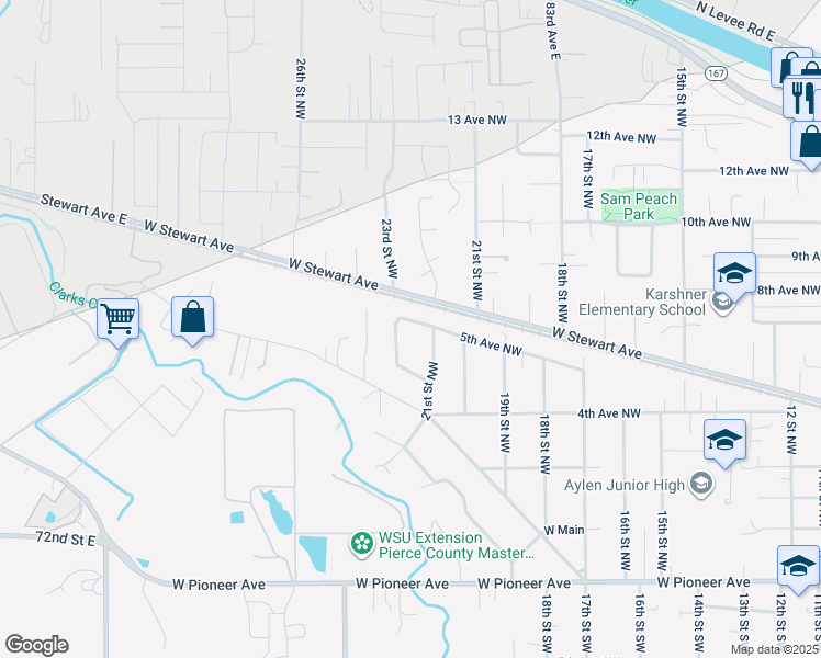 map of restaurants, bars, coffee shops, grocery stores, and more near 2121 5th Avenue Northwest in Puyallup