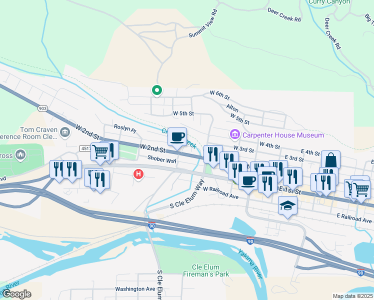 map of restaurants, bars, coffee shops, grocery stores, and more near 416 West 2nd Street in Cle Elum