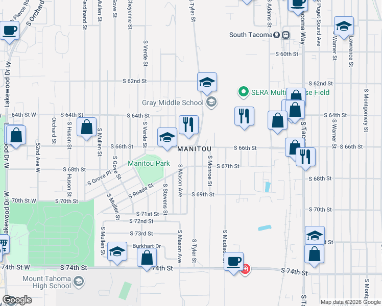 map of restaurants, bars, coffee shops, grocery stores, and more near 4206 A To 4206 B S 66th Street in Tacoma