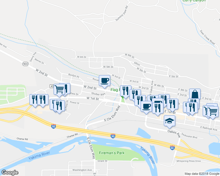 map of restaurants, bars, coffee shops, grocery stores, and more near 416 West 2nd Street in Cle Elum