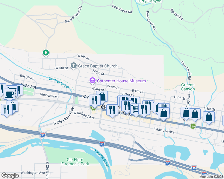 map of restaurants, bars, coffee shops, grocery stores, and more near 110 West 3rd Street in Cle Elum
