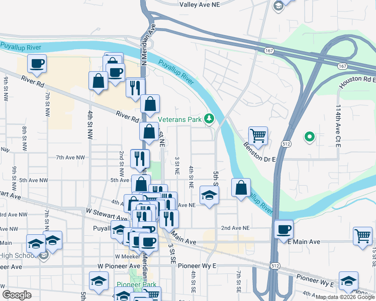 map of restaurants, bars, coffee shops, grocery stores, and more near 719 3rd Street Northeast in Puyallup