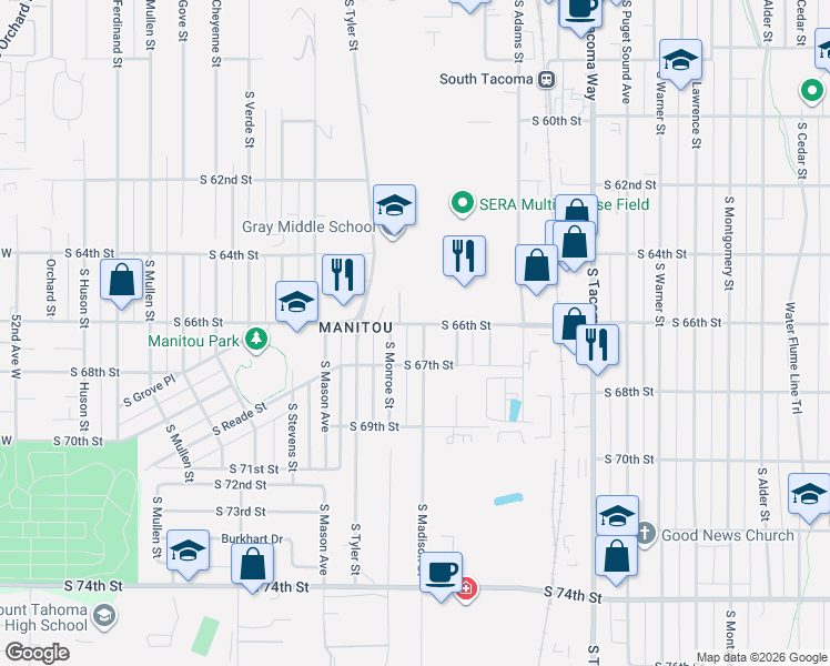 map of restaurants, bars, coffee shops, grocery stores, and more near 6602 South Madison Street in Tacoma
