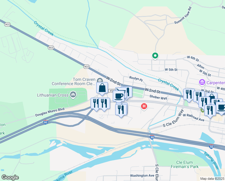 map of restaurants, bars, coffee shops, grocery stores, and more near 803 West 2nd Street in Cle Elum