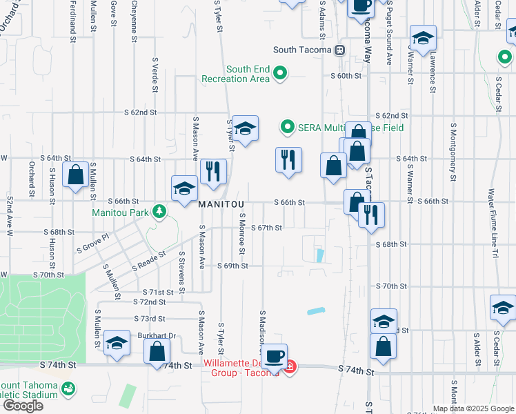 map of restaurants, bars, coffee shops, grocery stores, and more near 6602 South Madison Street in Tacoma