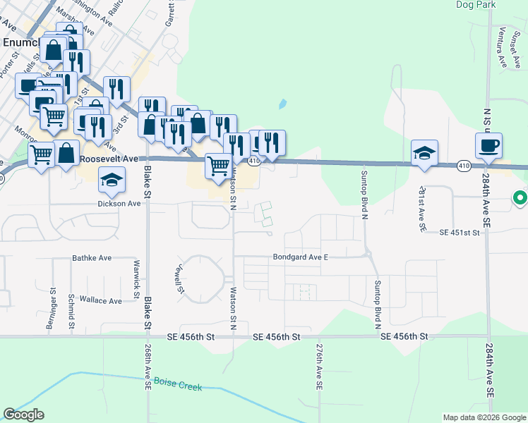 map of restaurants, bars, coffee shops, grocery stores, and more near 739 Watson Street North in Enumclaw