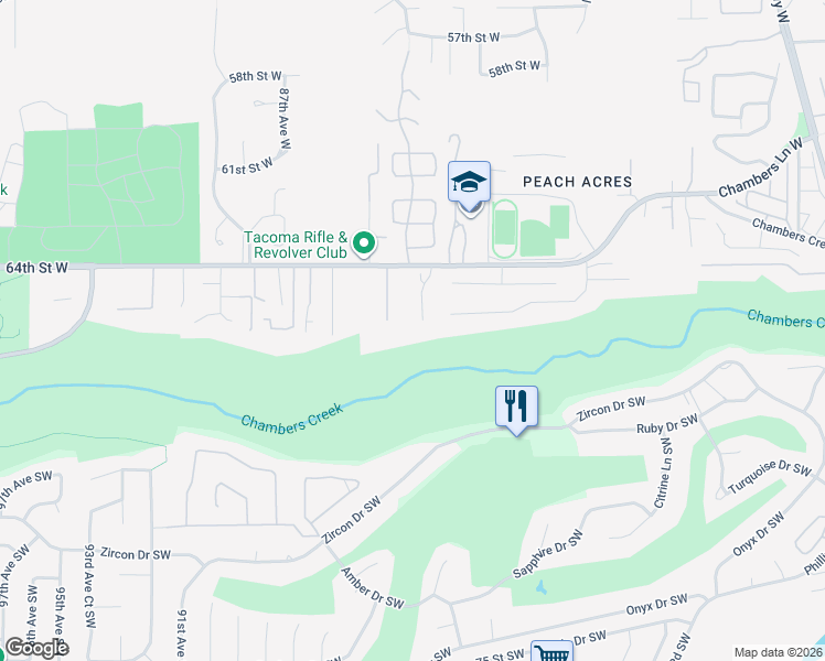 map of restaurants, bars, coffee shops, grocery stores, and more near 6514 83rd Avenue West in University Place