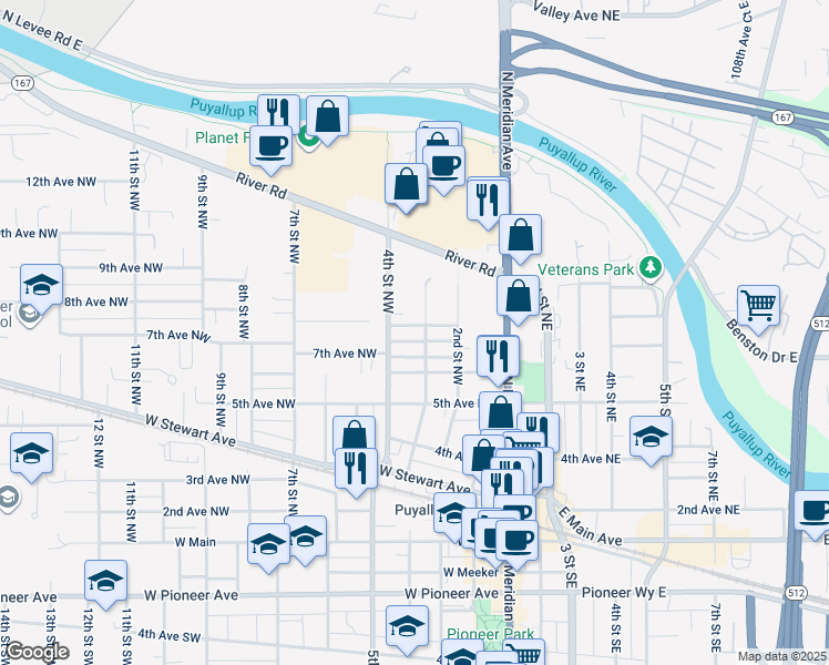 map of restaurants, bars, coffee shops, grocery stores, and more near 721 4th Street Northwest in Puyallup