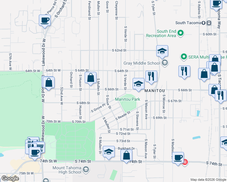 map of restaurants, bars, coffee shops, grocery stores, and more near 4609 South 66th Street in Tacoma