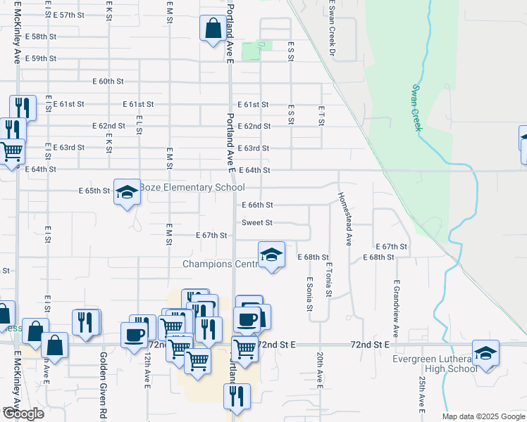 map of restaurants, bars, coffee shops, grocery stores, and more near 1702 East 66th Street in Tacoma