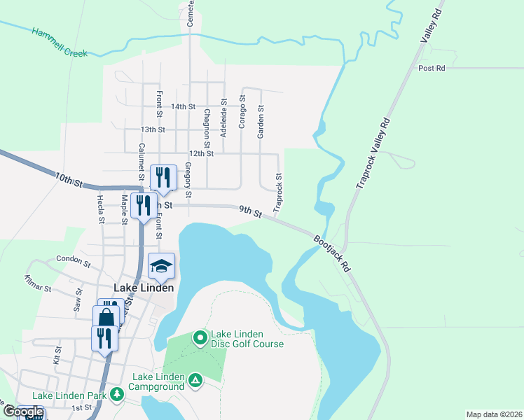 map of restaurants, bars, coffee shops, grocery stores, and more near Traprock Street in Lake Linden