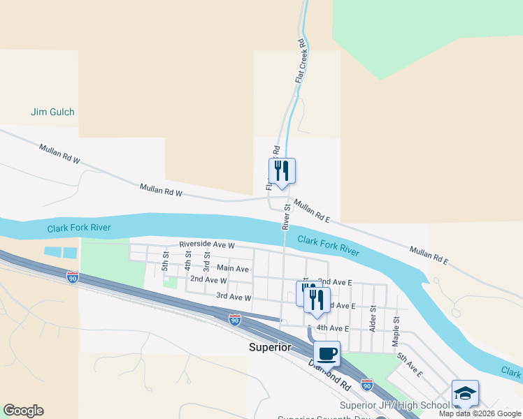 map of restaurants, bars, coffee shops, grocery stores, and more near 203 Mullan Rd W in Superior