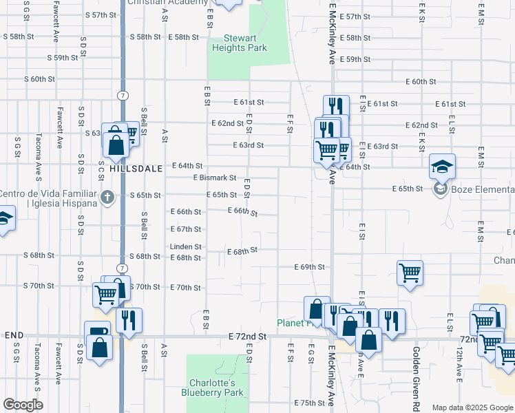 map of restaurants, bars, coffee shops, grocery stores, and more near 411 East 66th Street in Tacoma
