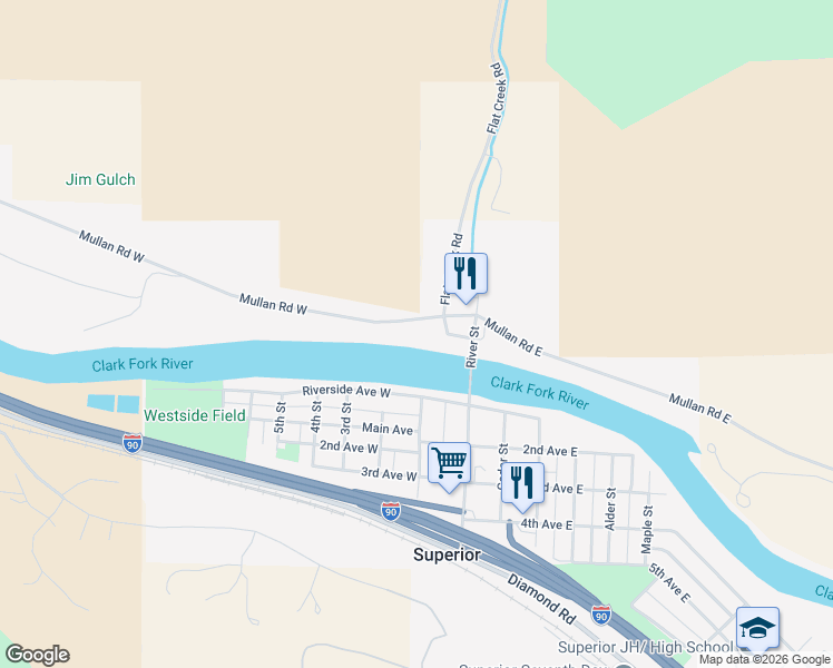 map of restaurants, bars, coffee shops, grocery stores, and more near 203 Mullan Road West in Superior