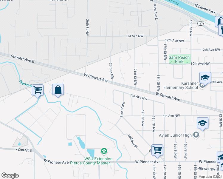 map of restaurants, bars, coffee shops, grocery stores, and more near 446 22nd Street Northwest in Puyallup