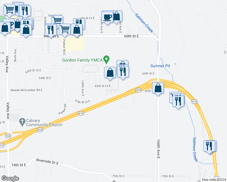 map of restaurants, bars, coffee shops, grocery stores, and more near 16126 64th Street East in Sumner