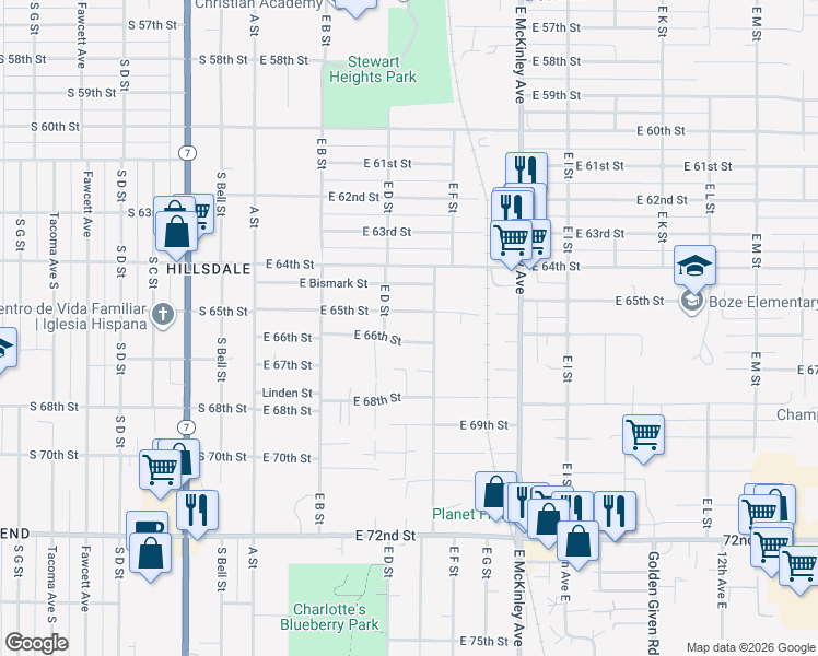 map of restaurants, bars, coffee shops, grocery stores, and more near 411 East 66th Street in Tacoma