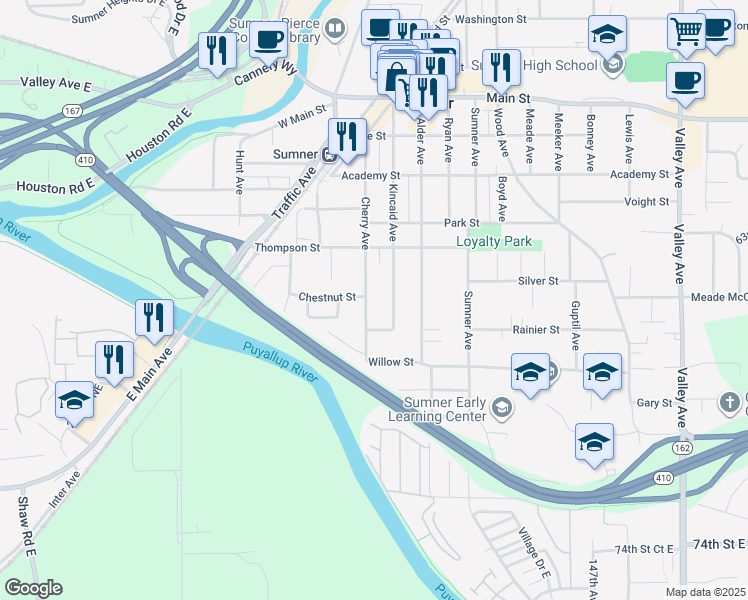 map of restaurants, bars, coffee shops, grocery stores, and more near 423 Cherry Avenue in Sumner