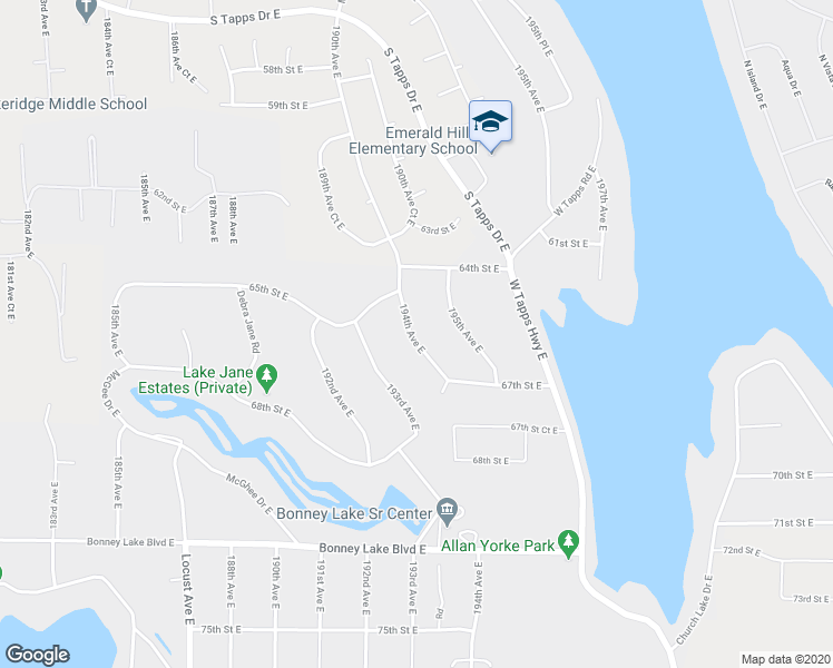 map of restaurants, bars, coffee shops, grocery stores, and more near 6518 194th Avenue East in Bonney Lake