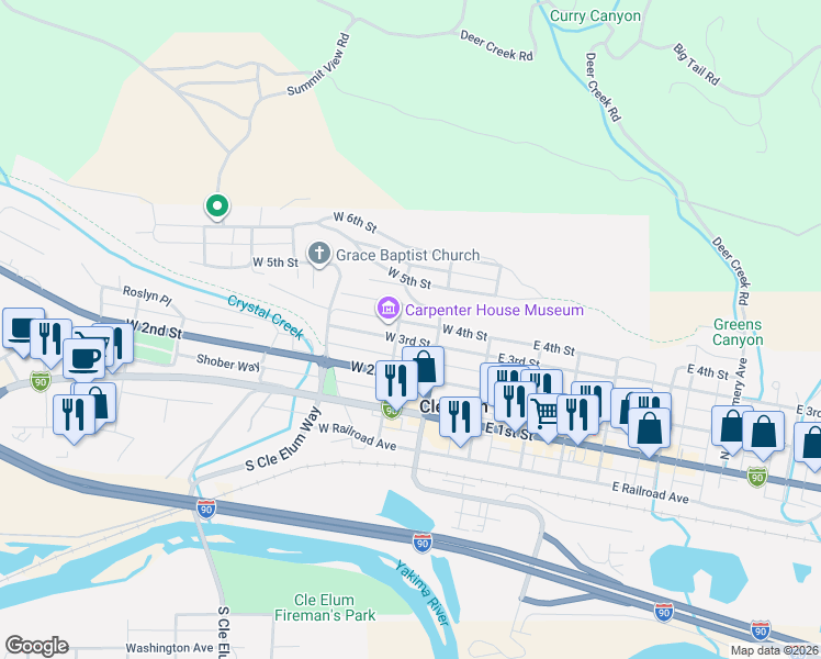 map of restaurants, bars, coffee shops, grocery stores, and more near 110 West 3rd Street in Cle Elum