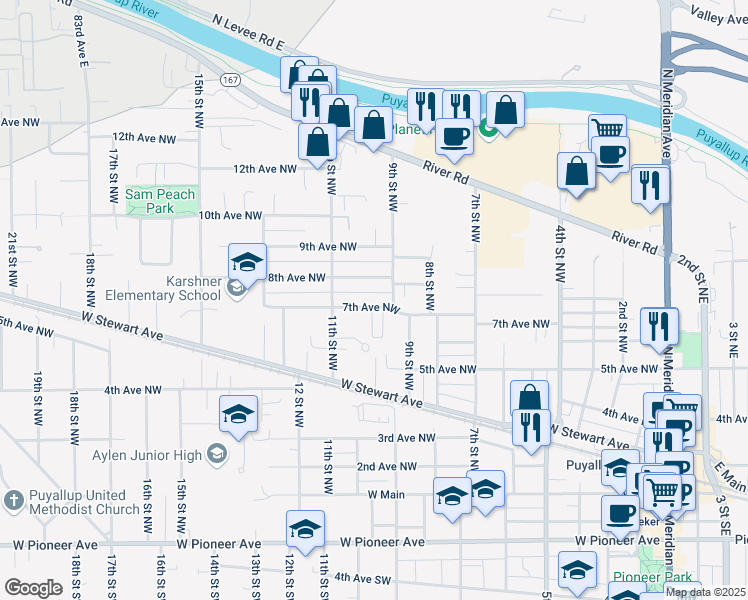 map of restaurants, bars, coffee shops, grocery stores, and more near 1001 7th Avenue Northwest in Puyallup