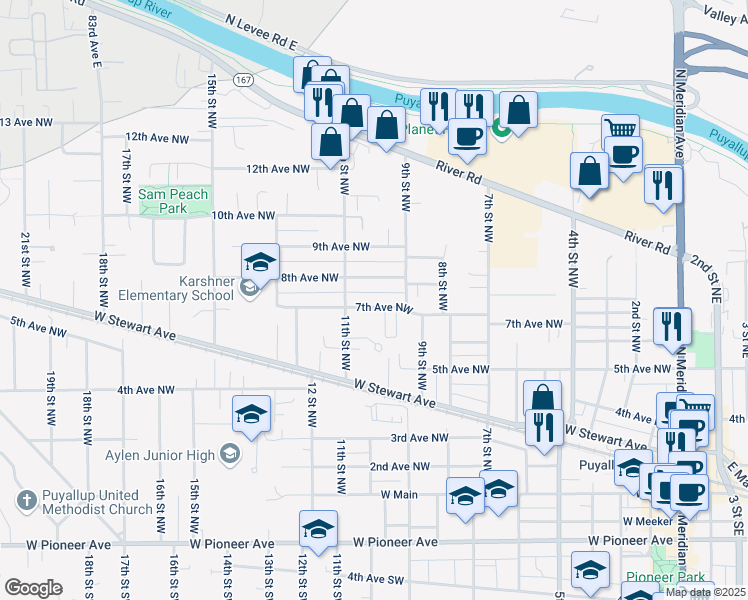map of restaurants, bars, coffee shops, grocery stores, and more near 1001 7th Avenue Northwest in Puyallup
