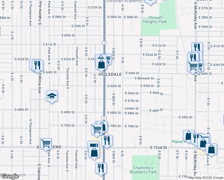 map of restaurants, bars, coffee shops, grocery stores, and more near 6508 South Bell Street in Tacoma