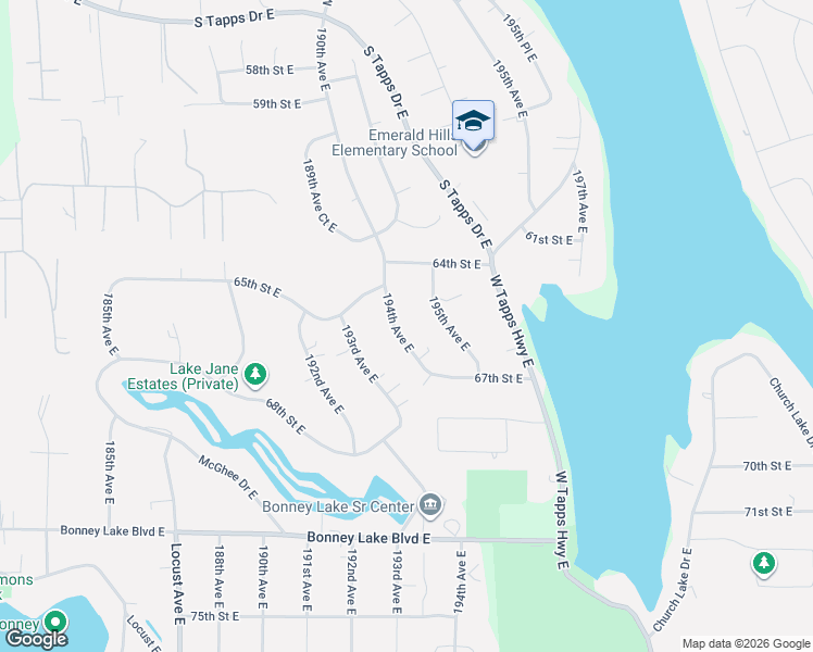 map of restaurants, bars, coffee shops, grocery stores, and more near 6518 194th Avenue East in Bonney Lake