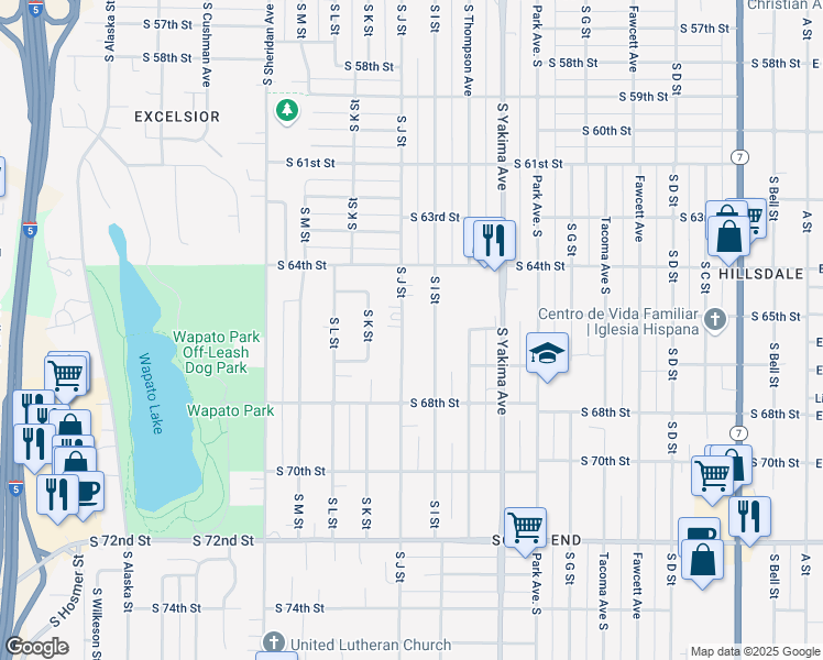 map of restaurants, bars, coffee shops, grocery stores, and more near 6509 South J Street in Tacoma