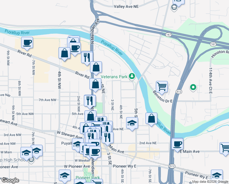 map of restaurants, bars, coffee shops, grocery stores, and more near 719 3rd Street Northeast in Puyallup