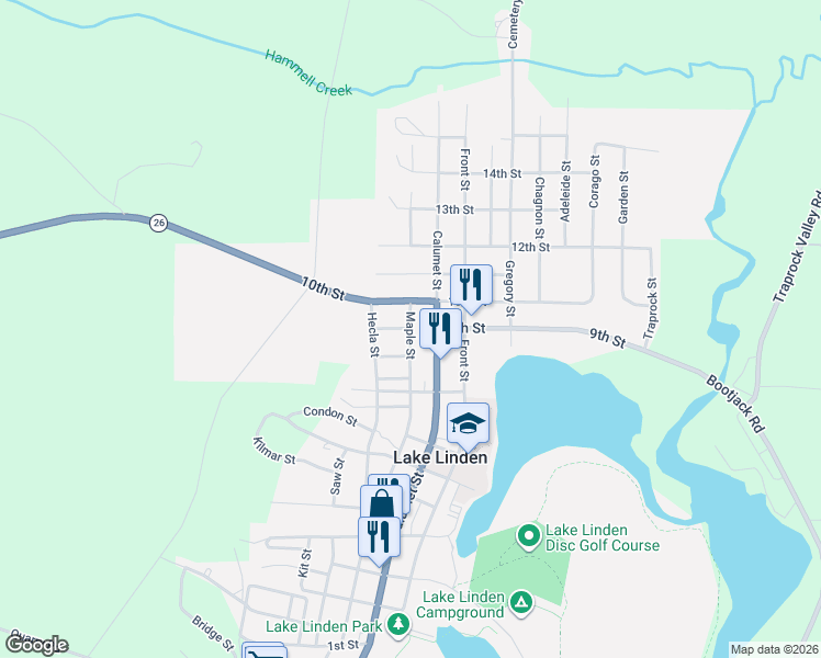map of restaurants, bars, coffee shops, grocery stores, and more near 899 Maple Street in Lake Linden