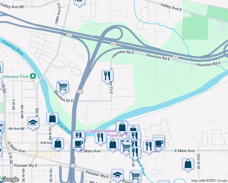 map of restaurants, bars, coffee shops, grocery stores, and more near 11502 65th Street Court East in Puyallup