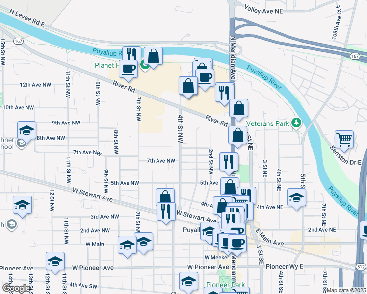 map of restaurants, bars, coffee shops, grocery stores, and more near 721 4th Street Northwest in Puyallup
