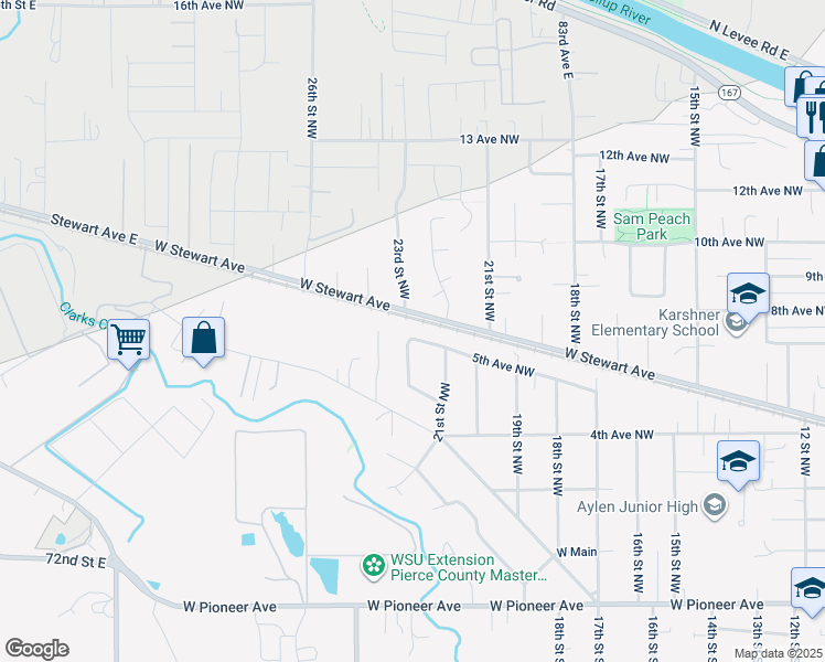 map of restaurants, bars, coffee shops, grocery stores, and more near 2121 5th Avenue Northwest in Puyallup