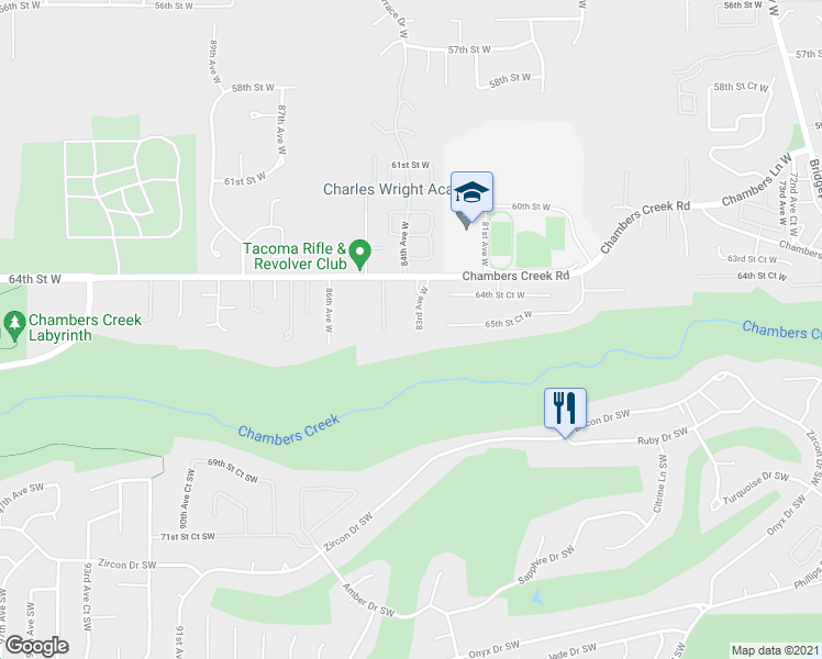 map of restaurants, bars, coffee shops, grocery stores, and more near 6514 83rd Avenue West in University Place