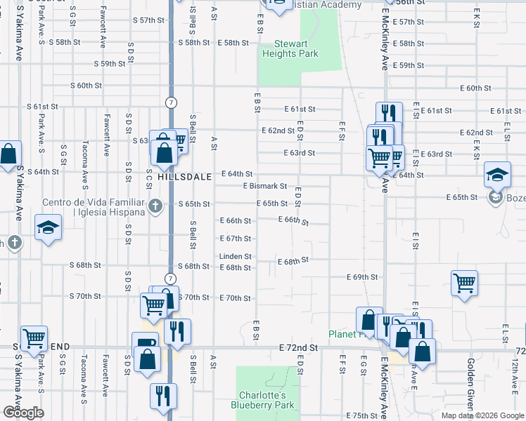 map of restaurants, bars, coffee shops, grocery stores, and more near 6505 East B Street in Tacoma