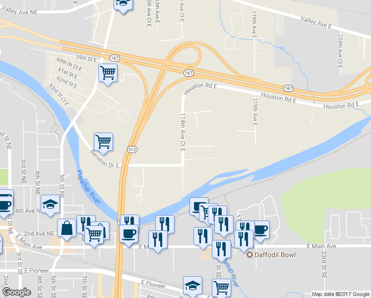 map of restaurants, bars, coffee shops, grocery stores, and more near 11502 65th Street Court East in Puyallup