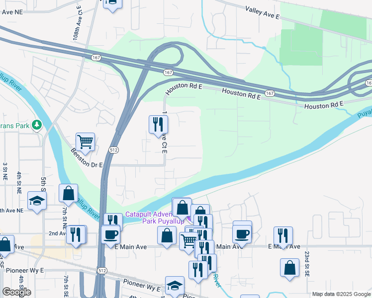 map of restaurants, bars, coffee shops, grocery stores, and more near 11524 65th Street Court East in Puyallup